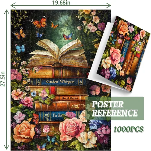 Vista 3 de Rompecabezas de libro vintage para adultos de 1000 piezas, rompecabezas retro de jardín de flores de PICKFORU, rompecabezas de flores silvestres