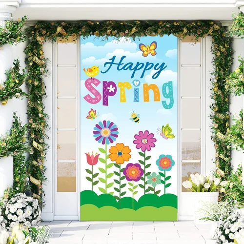 Vista 6 de Whaline Decoración de cubierta de puerta con texto en inglés «Hello Spring» con diseño floral de primavera para puertas delanteras, pancarta