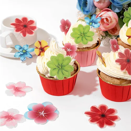 Vista 3 de YOcity 35 adornos comestibles para tartas, flores comestibles, decoración de cupcakes, papel de oblea de Luau Hawaii, decoración de pasteles
