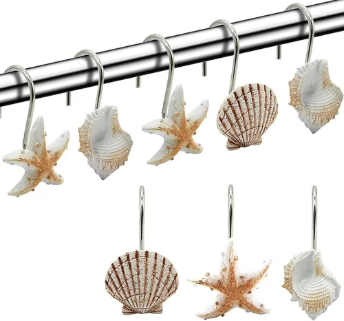 Seashell - Ganchos para cortina de ducha, 12 ganchos de resina decorativos antioxidantes para baño, habitación de bebé, dormitorio, decoración de