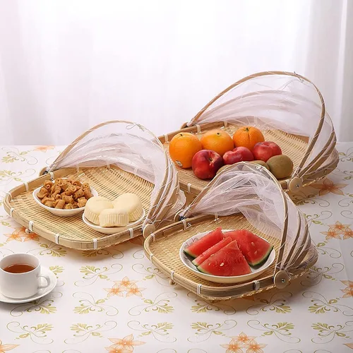 Vista 2 de Cesta de bambú para servir alimentos con tapa, cesta cuadrada tejida a mano para pan y verduras, contenedor de almacenamiento de alimentos a prueba