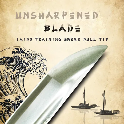 Vista 4 de HMS Espada japonesa Samurai Wakizashi de entrenamiento, Musashi Tsuba, acero inoxidable, hecha a mano, espiga completa, Musashi Tsuba, sin afilar