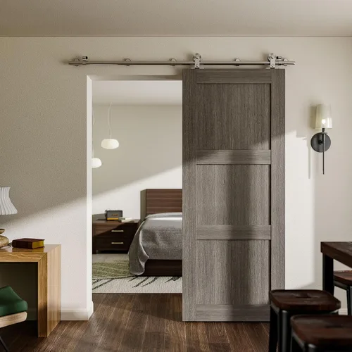 Vista 7 de CCJH Kit de herrajes para puerta de granero con riel deslizante de acero inoxidable de 4 pies/48'' para puerta individual de servicio pesado