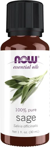 NOW Aceites esenciales, aceite de salvia, aroma normalizador de aromaterapia, destilado al vapor, 100% puro, vegano, tapa resistente a los niños, 1