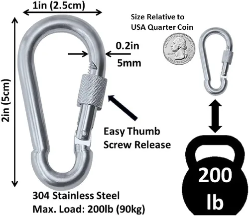 Vista 3 de Mosquetón de bloqueo de tornillo de pulgar de acero inoxidable resistente, ganchos de enlace de clip a presión. Carga de 200 a 400 libras. 6