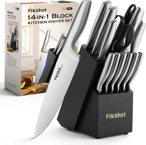 Juego de Cuchillos de Cocina, FIKSHOT Juego de Cuchillos de Acero Inoxidable Premium con Bloque, Cuchillo Santoku Súper Afilado y Cuchillos de