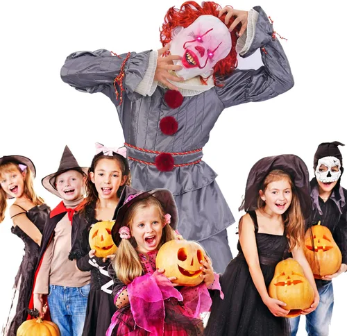 Vista 5 de Vukrtuo Disfraz de payaso IT, disfraz de Halloween para adultos con máscara de payaso LED.