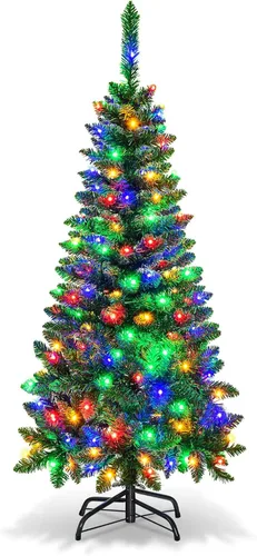 Vista 14 de Goplus Árbol de Navidad de 6.5 pies preiluminado de color azul, delgado, árbol de Navidad artificial con bisagras con 200 luces LED blancas cálidas
