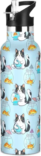 Kids Water Bottle with Straw for School 20 Oz Water Bottle Insulated for Boys Girls, BPA-Free, Cute Cats Goldfish Light Blue