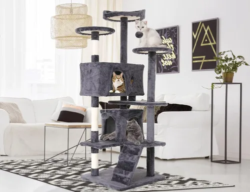 Árbol para gatos de 54 pulgadas de alto para gatos de interior, muebles de varios niveles con 3 postes rascadores, plataforma de soporte y 2 Gris