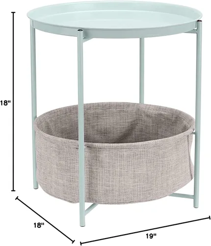 Vista 7 de Yaxa Basics Round Storage End Table, Side Table with Cloth Basket, Mint Green/Heather Gray, 18 in x 18 in x 19 in
