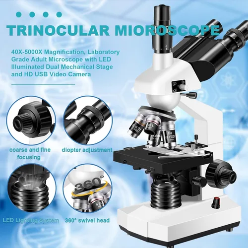 Vista 6 de Microscopio trinocular 40X-5000X de aumento de grado de laboratorio con etapa mecánica dual y microscopio de cámara USB HD para adultos