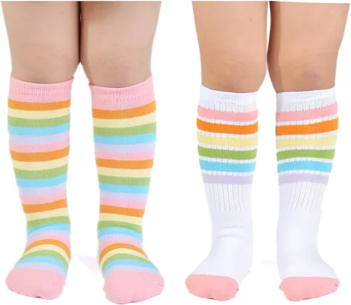 EPEIUS Calcetines altos a la rodilla con rayas arco iris para bebé, medias de tubo antideslizantes, calcetines de fútbol para niños pequeños y niños