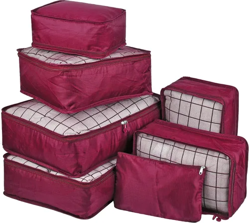 Vercord Juego de 7 organizadores de equipaje de viaje, bolsas organizadoras de maleta, ropa interior, cubo para zapatos, color burdeos
