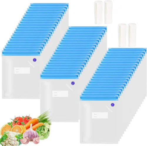 Vista 8 de Sous Vide Bags - Paquete de 20 bolsas reutilizables al vacío para almacenamiento de alimentos con 3 tamaños de bolsas de alimentos al vacío, 4 clips