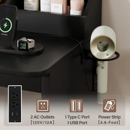 Vista 5 de Furmax Escritorio de tocador con espejo, tocador en forma de L, espejo iluminado con LED, con toma de corriente y 3 estantes de almacenamiento, mesa