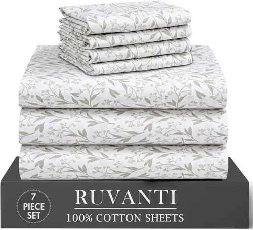 Vista 54 de RUVANTI 4 piezas de sábanas de algodón - 100% algodón natural suave, ligero y transpirable, sábanas de percal crujiente, juego de sábanas Botanica