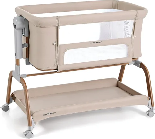 Vista 8 de ANGELBLISS Cuna de bebé 3 en 1, Cunas mecedoras para dormir al lado de la cama con colchón cómodo y ruedas, 6 alturas ajustables, plegable fácil