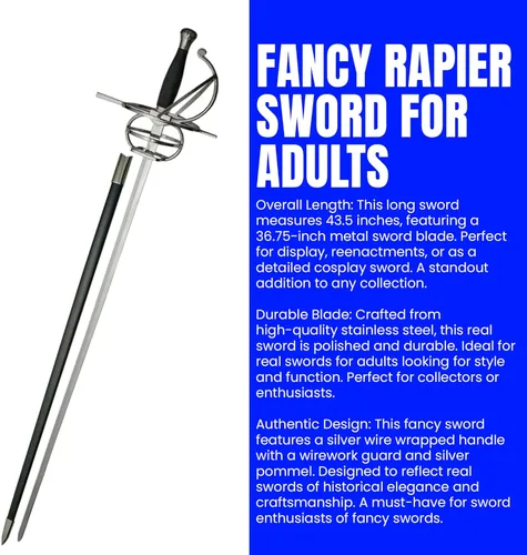 Vista 2 de SZCO Supplies - Espada de estoque elegante de 43.5 pulgadas para adultos con vaina, espada de esgrima medieval, hoja de metal de acero inoxidable