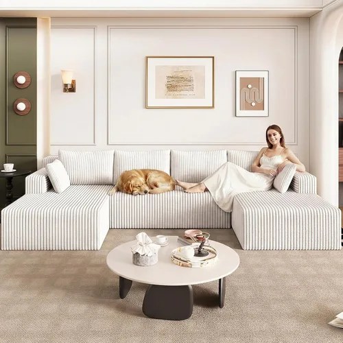 Vista 40 de Sofá modular de 95 pulgadas con otomana, moderno sofá nube de pana con asiento profundo, sofá sin hueso tapizado de 3 plazas en forma de U para sala