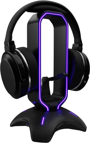 Tilted Nation Soporte de auriculares RGB y soporte de auriculares para juegos para pantalla de escritorio con soporte de cable elástico para mouse,