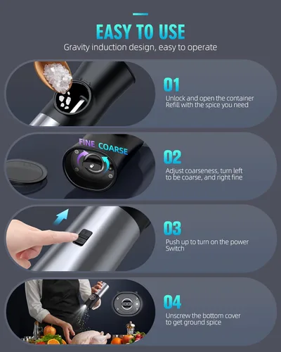 Vista 7 de Gravity - Juego de molinillo eléctrico de sal y pimienta, amoladora automática recargable por USB, gran capacidad, finura ajustable, operación