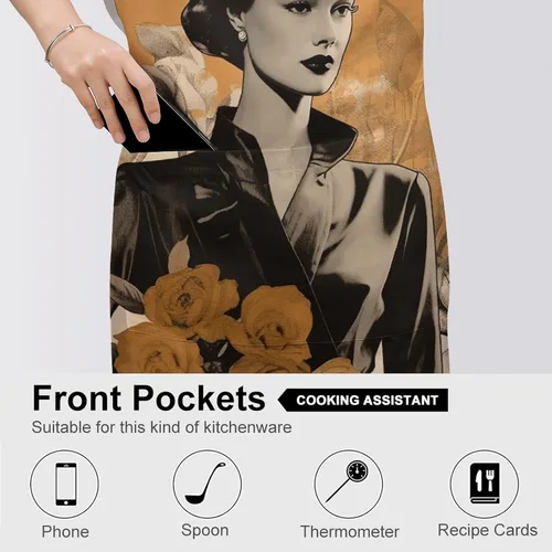 Vista 5 de MUSM Apron for Adults - 27.6 X 31.5 Inch, Heavy-Duty Polyester Aprons with Two Large Pockets, Waterproof Girl And Flowers Kitchen Apron for Cooking