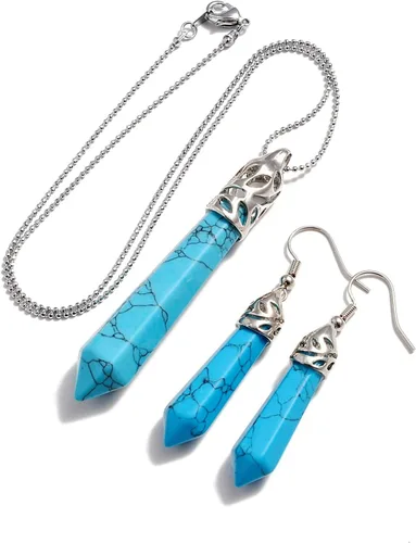 Vista 13 de AD Beads - Juego de colgante y aretes con piedras preciosas naturales hexagonales con punta, chakra Reiki Negro ágata