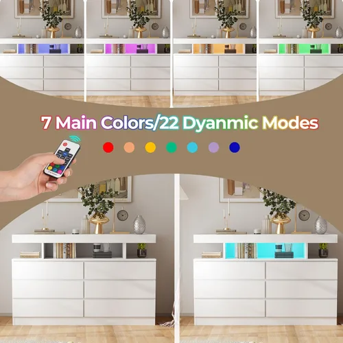 Vista 4 de BEWISHOME Cómoda blanca para dormitorio con estación de carga y luces LED, cómoda de madera de 6 cajones con soporte para TV y espacio abierto