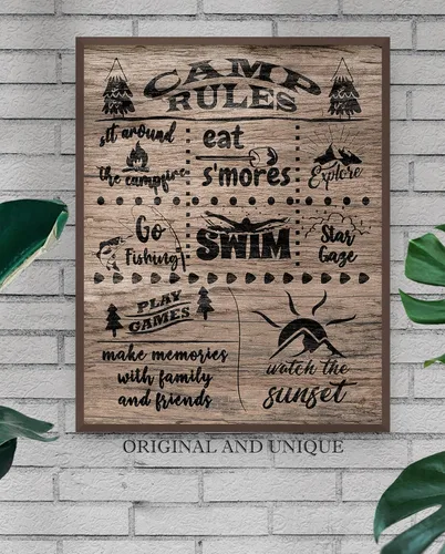 Vista 9 de Póster de pared con texto en inglés "Camp Rules" de 11 x 14 pulgadas, estilo rústico, con cita de campamento, sin marco, para caravana, caravana