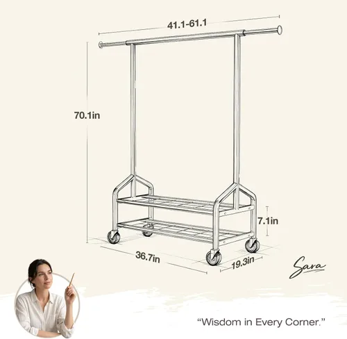 Vista 7 de Perchero de ropa resistente, 650 libras de carga para colgar ropa con 2 estantes resistentes, perchero de metal con ruedas para dormitorio