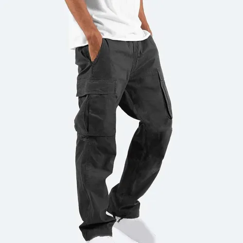 Vista 2 de Aymnlox Pantalones cargo para hombre, holgados, grandes y altos, de lino, con cordón, casual, senderismo, atlético, recto, con bolsillo #A01-Negro