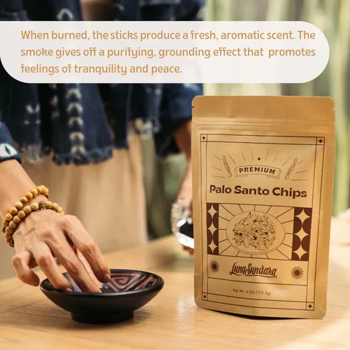 Vista 5 de Luna Sundara Palo Santo Chips 4 onzas, madera Bursera Graveolens 100% natural de Perú, cosechada de forma sostenible, para quemar carbón, incienso