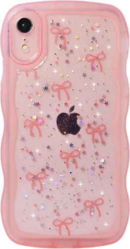 Vista 123 de Qokey para iPhone 14 Plus Funda de 6.7" con diseño de borde ondulado rizado, transparente, con purpurina, brillo, estrellas, brillante, lindo
