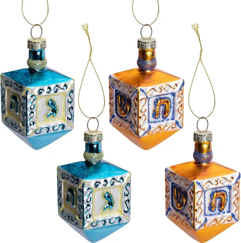 4 adornos de cristal soplado de Hanukkah, decoraciones de cristal judío Dreidel