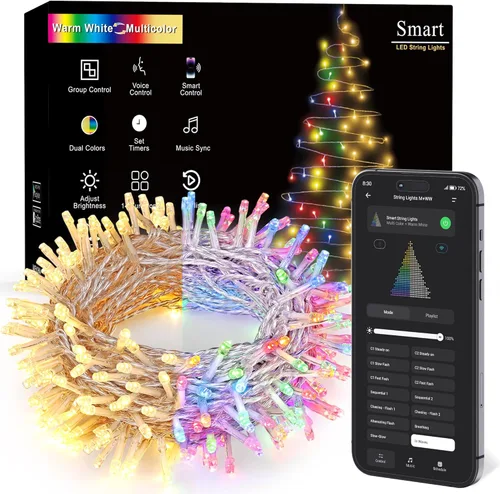 Vista 10 de Brizled Luces de Navidad que cambian de color, 65.67 pies, 200 luces LED de doble color para árbol de Navidad con control remoto, blanco frío