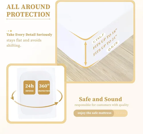 Vista 6 de Protector de colchón tamaño individual, funda de colchón 100% impermeable, sin ruido, transpirable, suave, bolsillo profundo ajustado de 8 a 21