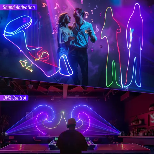 Vista 6 de Luz láser DJ con control de aplicación, proyector láser de animación 3D para fiesta, soporta dibujos personalizados, reproducción de texto
