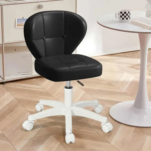 Silla de oficina pequeña con soporte lumbar, silla de escritorio giratoria sin brazos de piel sintética, altura ajustable, silla rodante compacta