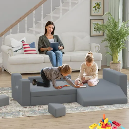 Vista 5 de Sofá modular de juego para niños, 10 piezas, sofá modular para niños pequeños y bebés, sofá de construcción de fortaleza para niños, sofá de juego