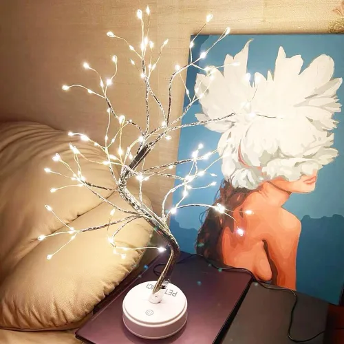 Vista 2 de pete mici 108 luces LED de árbol bonsái de mesa, 8 modos de 20 pulgadas, luz artificial blanca cálida, funciona con batería/USB, lámpara de árbol