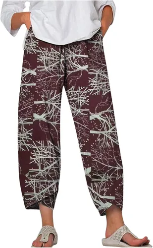 Loose Floral Print Capri Pants for Women Casual Beach Lightweight Linen Women's Capris Pants Comfy Leaf Print Cotton