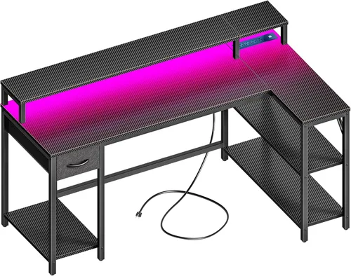 Vista 16 de SUPERJARE Escritorio para juegos en forma de L de 47 pulgadas con luces LED y tomas de corriente, escritorio reversible para computadora con Negro
