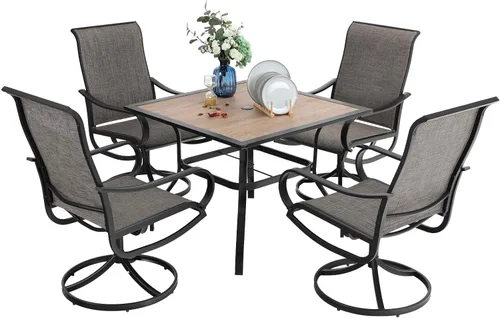 Vista 8 de PHI VILLA Juego de comedor de 5 piezas para patio al aire libre con 4 sillas de comedor giratorias y 1 mesa de comedor similar a la madera, silla