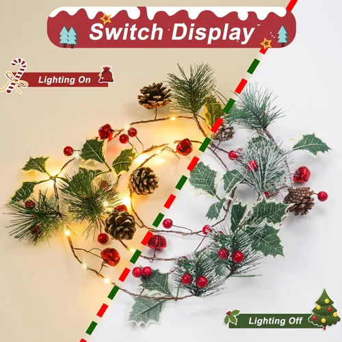 Vista 2 de Crafare Guirnalda de Navidad de 6 pies con Piñas, Luces de Cadena con 20 LED de Bayas Rojas, Luces de Guirnalda de Piñas, Luces de Cadena LED