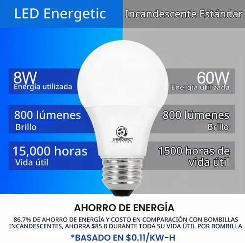 Vista 3 de Bombillas Energetic Light Equivalentes a 60 Vatios, Bombillas LED de Luz Diurna A19, 15000 Horas Base E26, Bombilla de 8W 800LM 5000K, Certificado