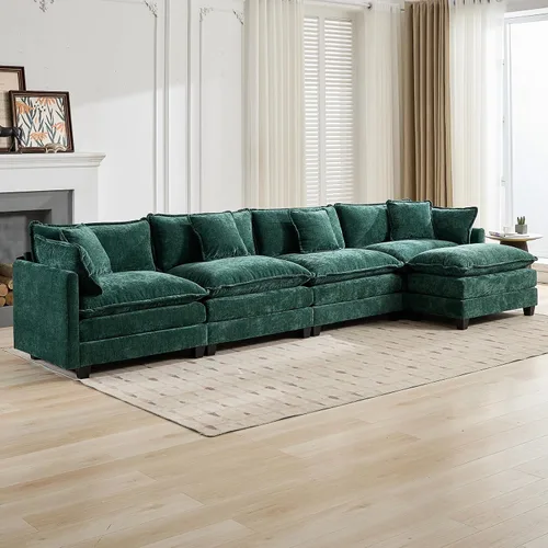 Vista 28 de Sofá seccional modular verde de 111.5", sofás seccionales grandes de 3 plazas para sala de estar, sofá nube oversized de tela chenille con otomana