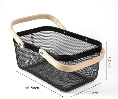 Vista 3 de Cesta portátil de cosecha de jardín, diseño de malla, cesta de almacenamiento de alambre con mango de bambú natural, cesta de malla con asa