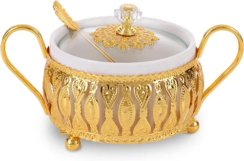 Vista 9 de Flylin Azucarero, azucarero turco con cuchara de azúcar y tapa, recipiente de doble soporte, recipiente para condimentos, tarro de vidrio