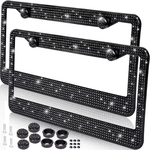 Vista 12 de ZONETECH Marco de Cubierta para Placa de Matrícula con Diamantes de Imitación Brillantes - Negro Clásico Brillante con Cristales de Diamantes